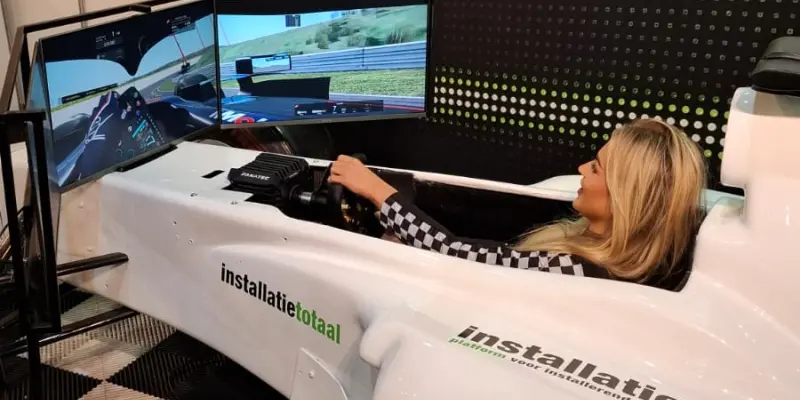 grid girl in race sim met triple screen